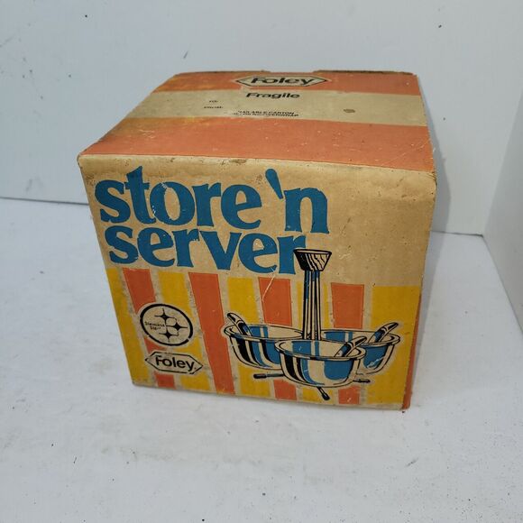 Vtg Foley Store'n Server 3 Bowl Set Spoons Lids Serving Stand Original Box Retro - Picture 15 of 16